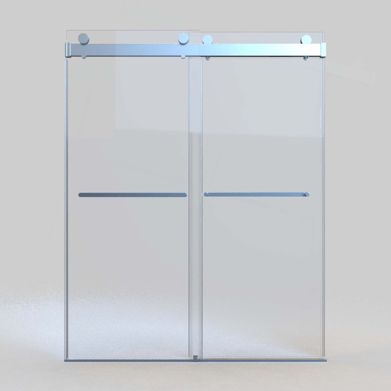 Porte de douche coulissante double sans cadre à fermeture en douceur, verre trempé épais de première qualité et revêtement facile à nettoyer en chrome