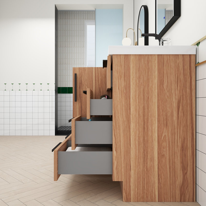 Carla Freestanding Bathroom Vanity with Double Sink, White Oak, 71"
