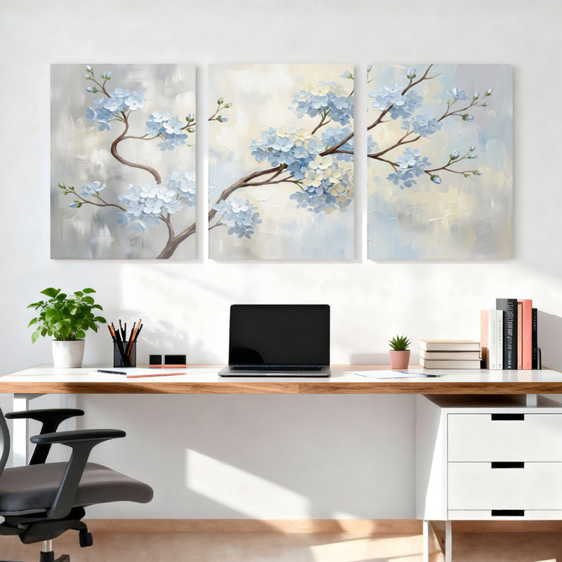 Ensemble de 3 tableaux muraux sur toile tendue, motif floral de fleurs de cerisier bleues, pour salon, chambre à coucher et décoration intérieure.