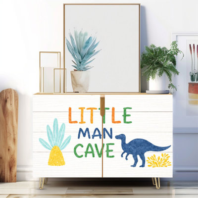 Buffet étroit de 35,4 po de largeur - armoire de rangement d'appoint à 2 portes avec art mural de chambre d'enfant coloré Little Man Cave, reproduction de plante tropicale et pieds en métal