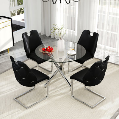 Round Tempered Glass Dining Table Set, Modern Dining Table with High-Backrest Faux Leather Dining Chair for Dining Room