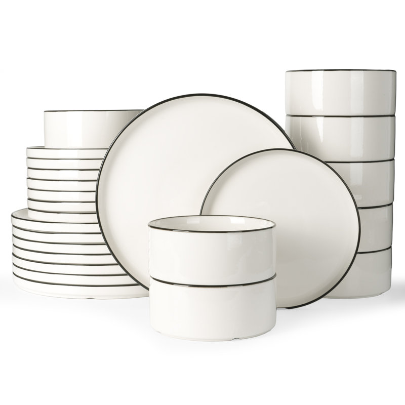 Assiettes et bols en jade, ensemble de vaisselle de 24 pièces, ensemble pour 8, blanc, Blanc avec rebord noir