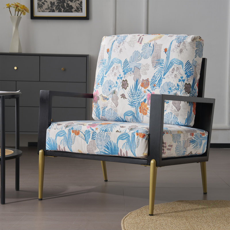 Fauteuil d'appoint floral, fauteuil en velours avec structure en bois massif, revêtement pour la lecture, balcon, salon et chambre à coucher, bleu