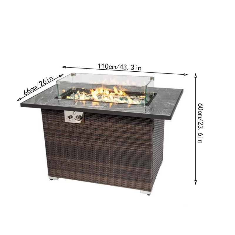 Table de foyer rectangulaire au propane de 112 cm (44 po) avec chauffage de terrasse en osier, puissance de 50 000 BTU