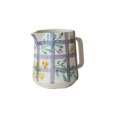 Hand-Painted Stoneware Pitcher W/ Grid Pattern & Botanicals