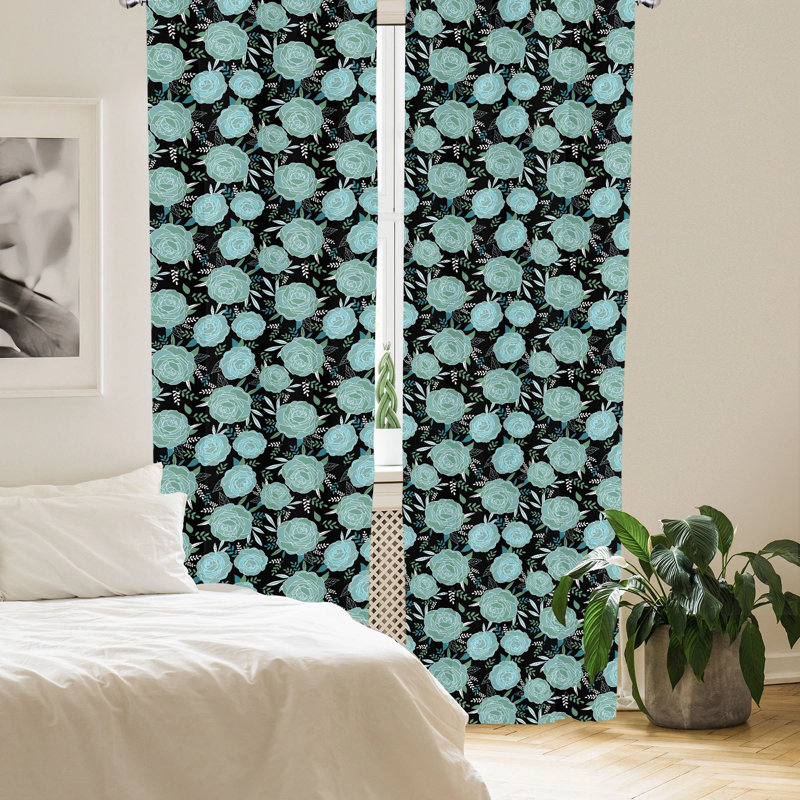 Charcoal Gray Floral Polyester Rod Pocket Curtain Panels