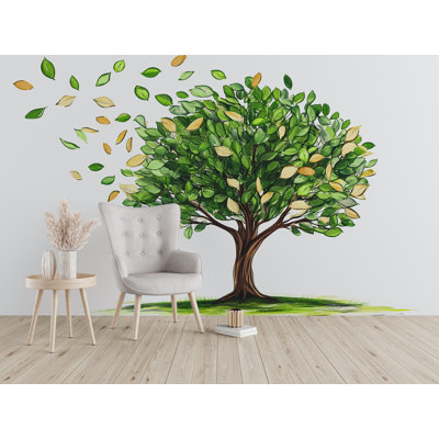 Green Tree Wall Decal, Nature Wall Sticker, Watercolor Tree Mural, Living Room Wall Art, Botanical Decor, Leaf Wall Decal, 176Gm