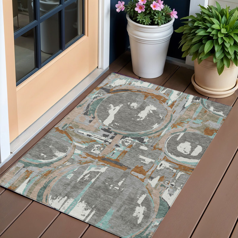 Tapis extérieur lavable à motif géométrique gris cuivre et menthe 3 pi x 5 pi