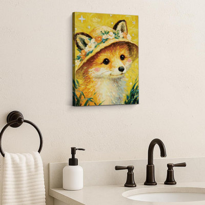 Mignon renard, art mural sur toile, renard mignon avec couronne de fleurs et chapeau de paille