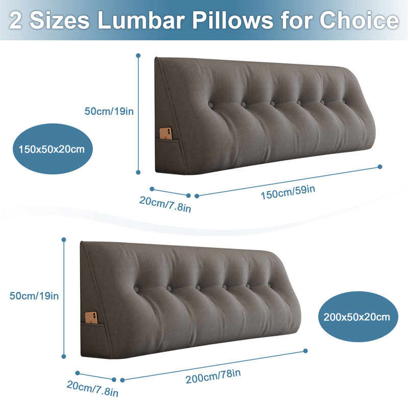 Cashmere-Like High Resilience Triangular Headboard Reading Wedge Pillow, Dark Grey, 19" x 59"