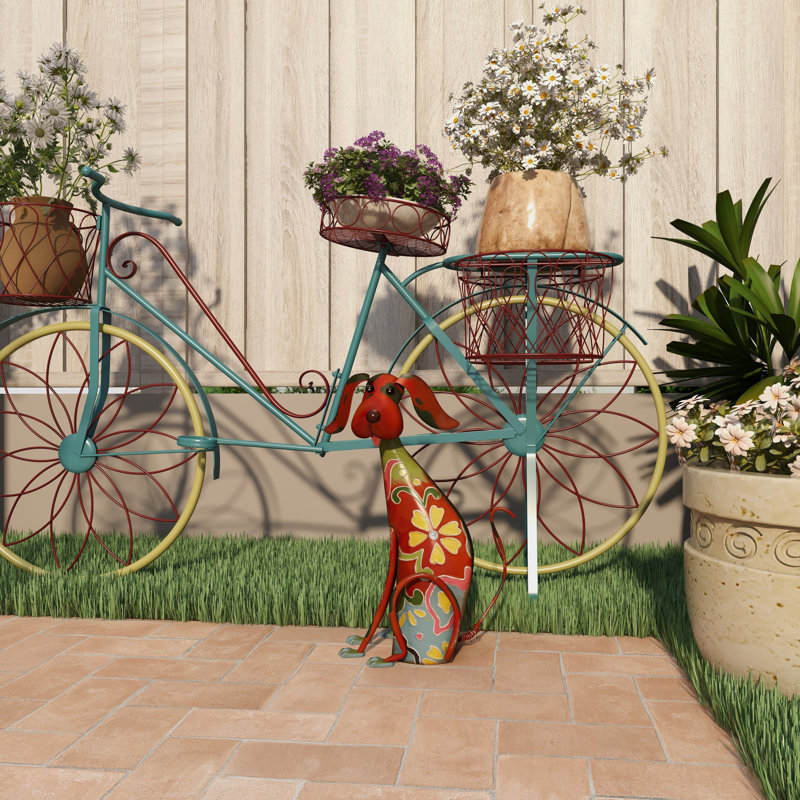 Monaco Metal Indoor Outdoor Dog Multi Colored Decorative Garden Sculpture with Floral Pattern