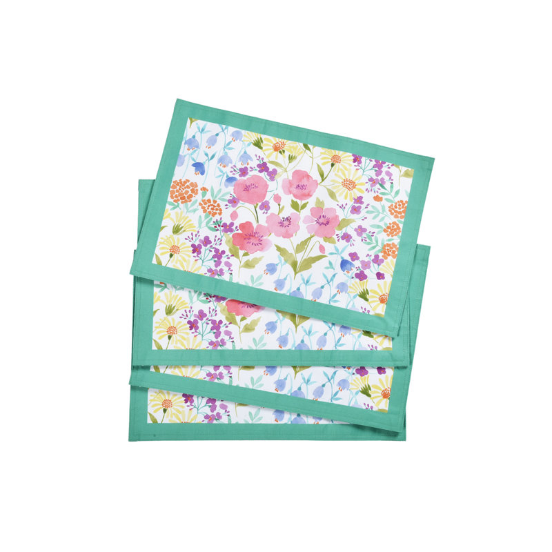 Spring Floral Green Edge Embellished Fabric Placemats Set of Four
