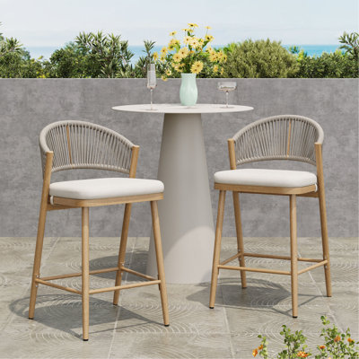 Outdoor 26" Seat Height Aluminum Frame Counter Stools With PE Rattan Scallop-Shaped Backrest, Set Of 2