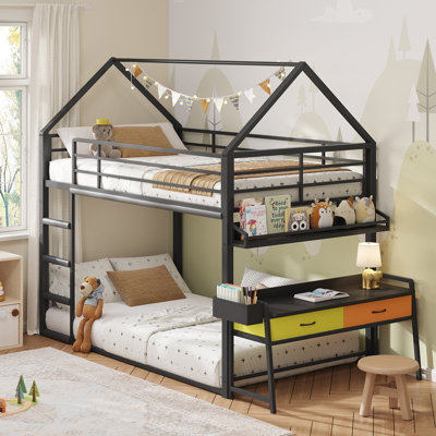 Lit superposé en métal simple au-dessus de simple avec table d'art et 2 tiroirs, lits simples superposés en forme de maison avec bibliothèque, barrière de sécurité pleine grandeur et échelle, noir
