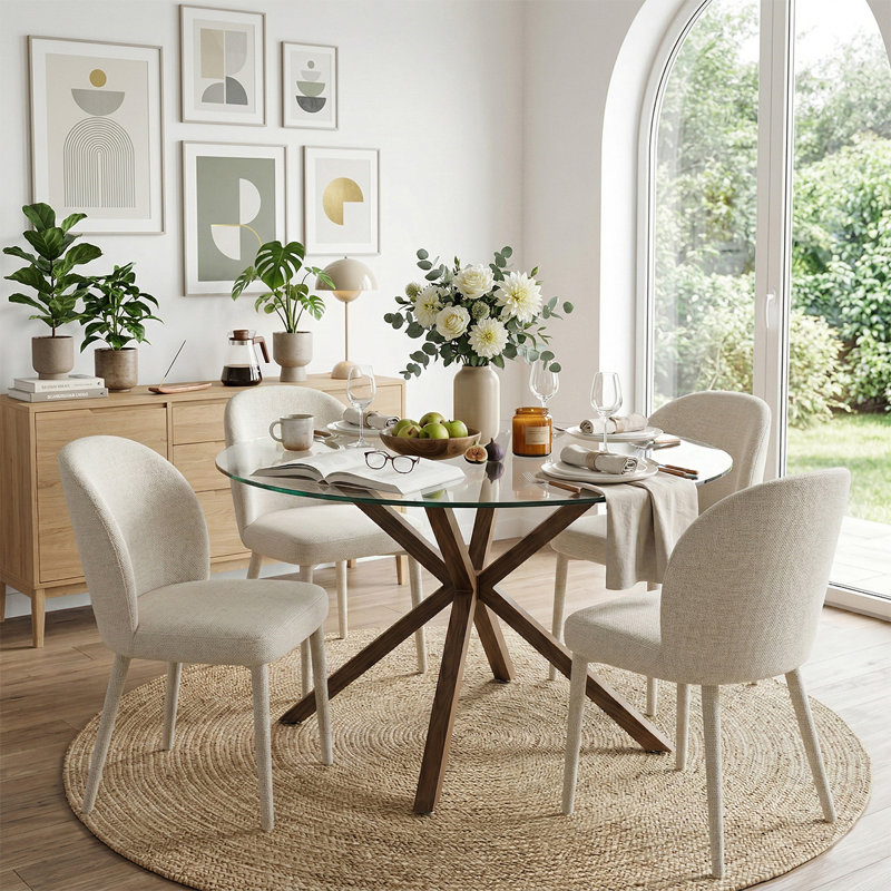 Modern 39" Round Glass Dining Table Set With 4 Upholstered Dining Chairs, White