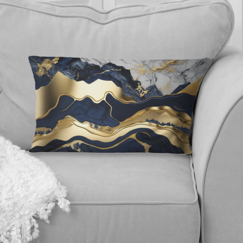 Blue And Gold Mesmerizing Marble Abstraction I - Abstract Marble Printed Throw Pillow