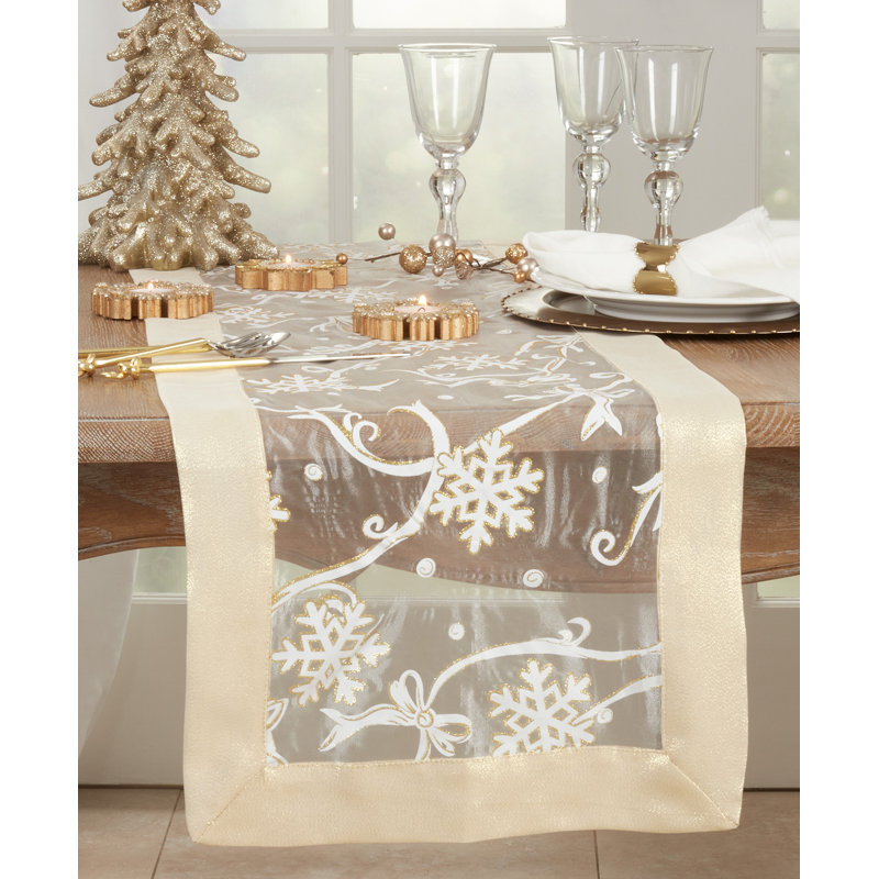 Beige and White Snowflake Polyester Table Runner