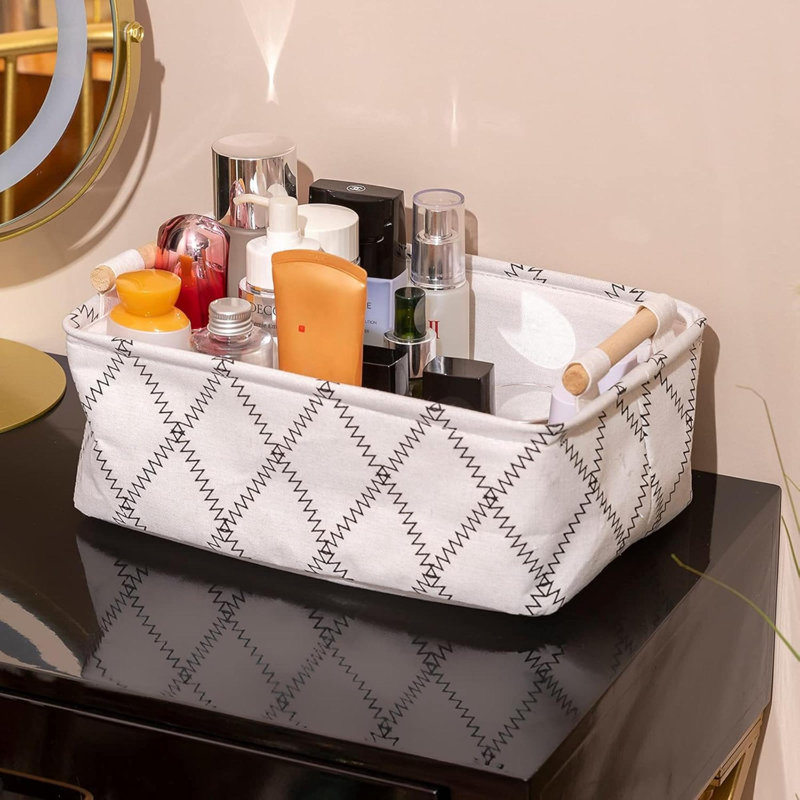 Panier de rangement décoratif rectangulaire pliable en tissu avec poignées en bois pour le rangement des vêtements