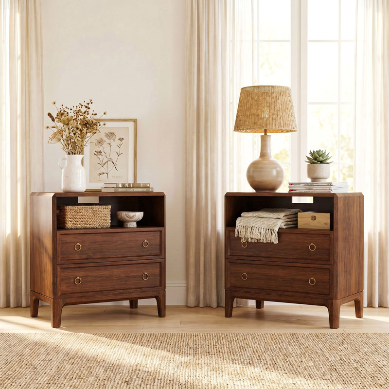 Ensemble de 2 tables de chevet en bois massif - deux tiroirs et station de charge USB / AC, Noyer, Set Of 2