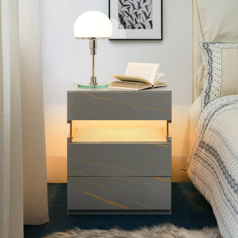 Commode 3 tiroirs à DEL pour tables de bout avec tables en acrylique et tables de chevet à DEL, Gris et or