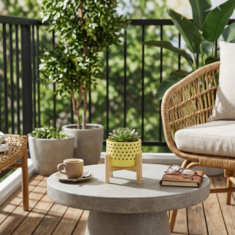 Stoneware Ceramic Planter Set with Wood Stands Contemporary Design Indoor Outdoor Decorative Containers Set of 3, Yellow