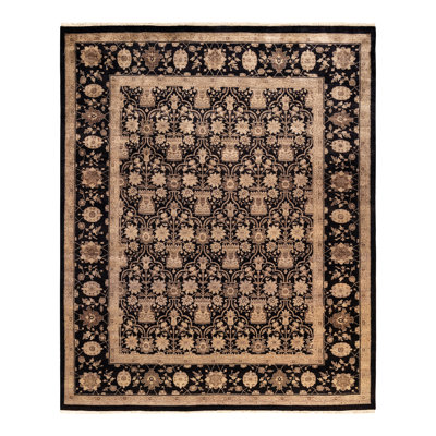 Tapis noir / brun noué à la main de conception unique 8 pi 1 po x 9 pi 10 po Roshon