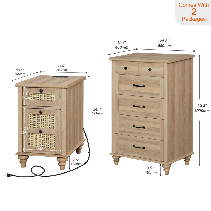 Ensemble de commode et table de chevet 2 pièces, une commode à 5 tiroirs et une table de chevet en rotin, chêne
