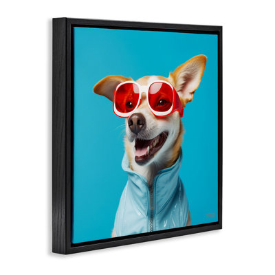 Stylish Dog on Blue Black Framed Floater Canvas Wall Art by Roozbeh Bahramali