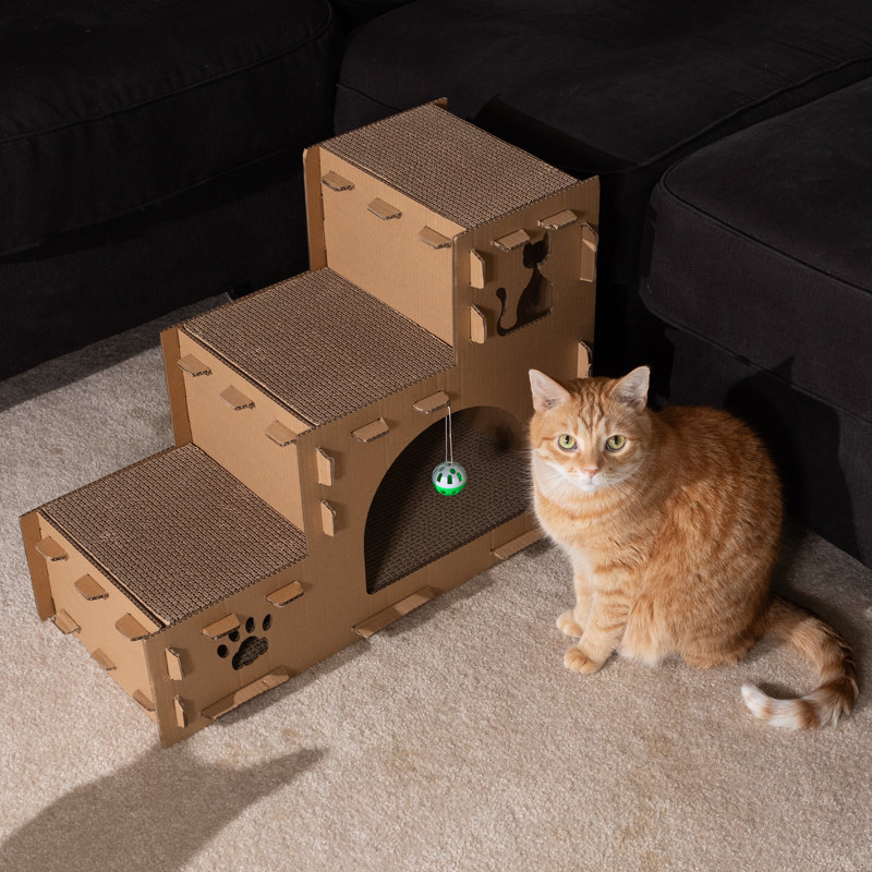 PETMAKER Cat House - Cardboard Cat House with Scratching Pads, Toys, and Catnip - Multi-Level Cat Houses for Indoor Cats, Kittens and Small Animals