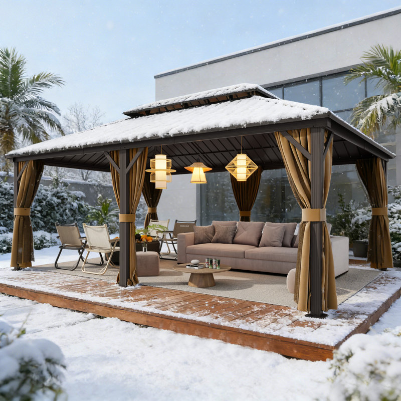 Pavillon de jardin en aluminium 14 pi x 20 pi avec toit en acier galvanisé à double aération, moustiquaire et rideaux d'intimité pour patio, cour, terrasse et jardin