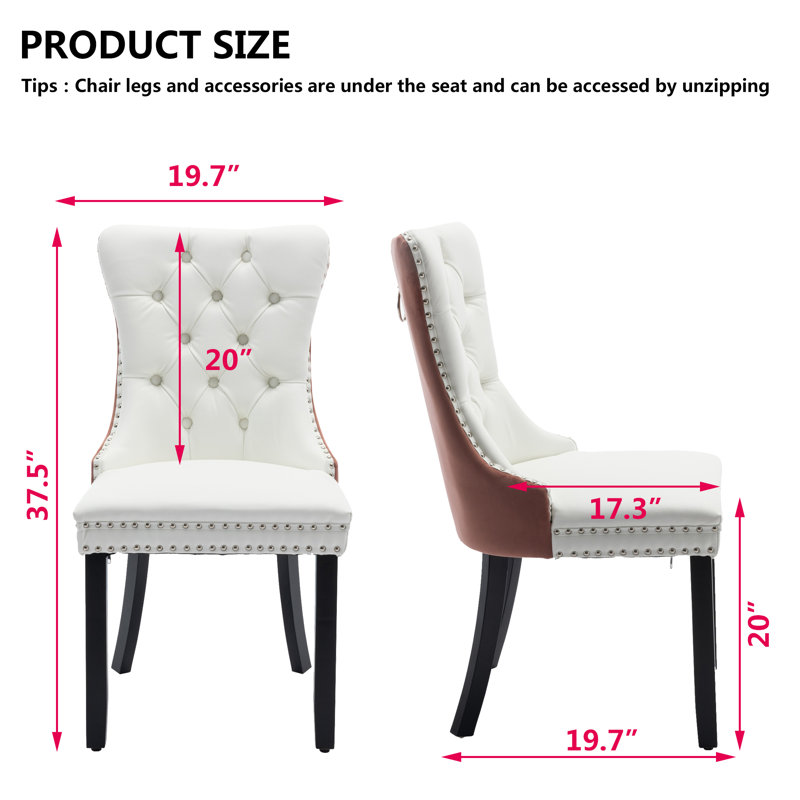 Kingson Modern Glam Tufted Two-Tone Dining Chair with Nailhead Trim & Back Pull Ring, White/Brown, 2