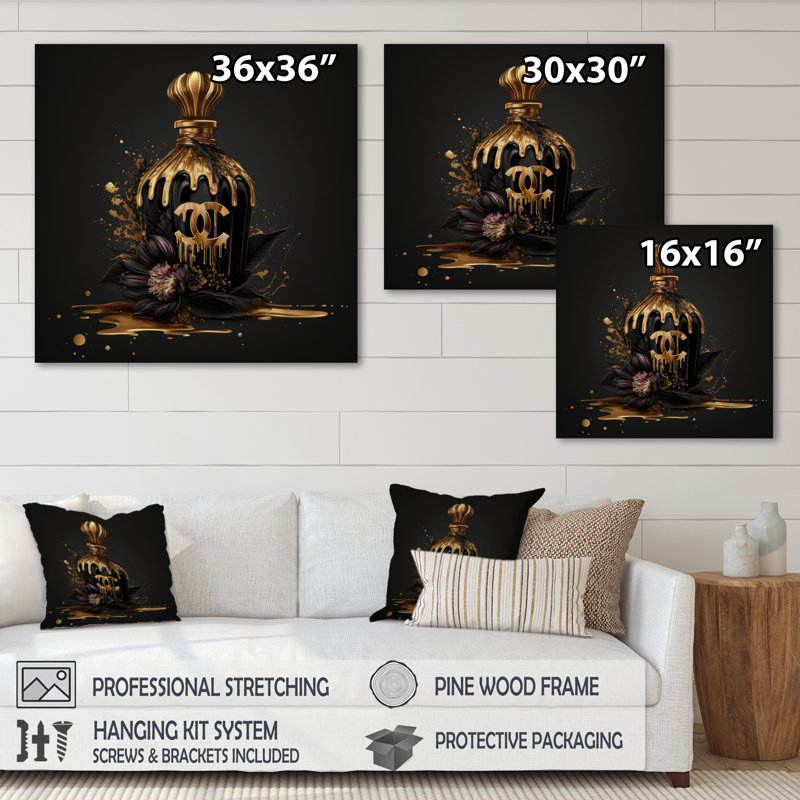 «Chic Black and Gold Perfume Bottle VIII», reproduction sur toile tendance, H 30 po x l 30 po x P 1 po, Toile tendue