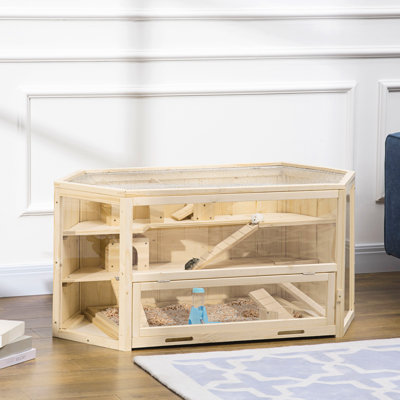 Cage à 3 niveaux en bois de hamster - comprend des balançoires à bascule, une bouteille d'eau et une aire de jeu délicieuse avec une zone d'entraînement intrigante
