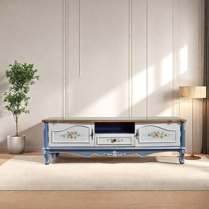 Meuble télé rétro à grain de bois naturel, Bleu / brun, 70.87"
