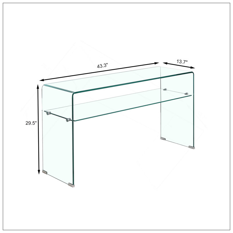Console en verre, console en verre trempé transparent avec bureaux à bords arrondis, table de canapé