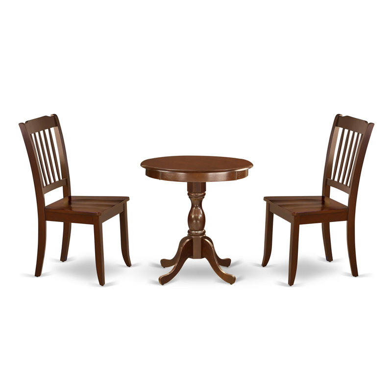 L'ensemble de 3 tables de salle à manger modernes comprend une table ronde en bois avec piédestal et 2 chaises de salle à manger, 30 x 30 pouces, acajou