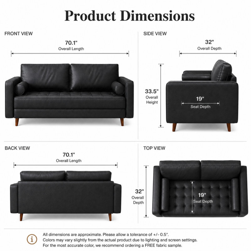 Canapé à accoudoirs carrés en cuir Bridgeview, Cuir végétalien noir, H 33 po x l 70 po x P 32 po
