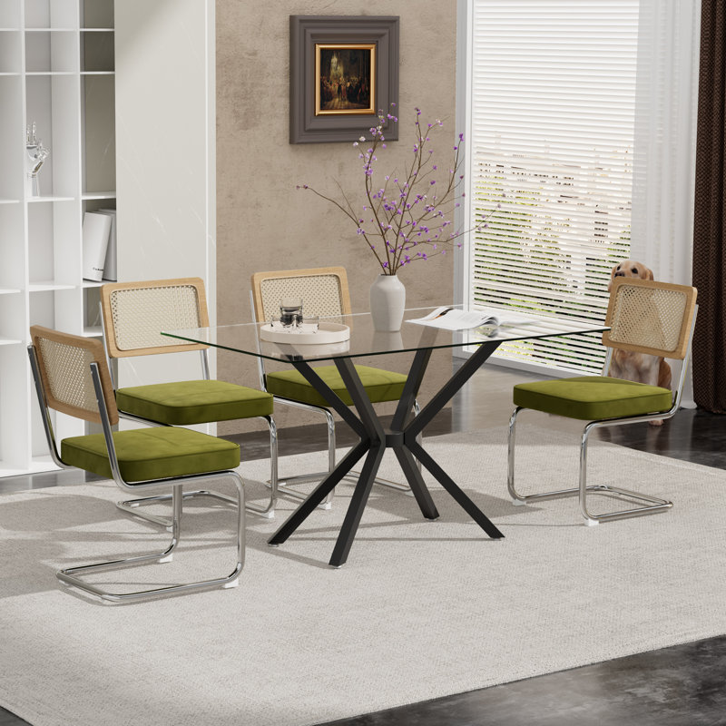 Rectangular Tempered Glass Dining Table Set With Luxury Velvet Rattan Back Upholstered Dining Chairs - Modern Contemporary Small Space Design