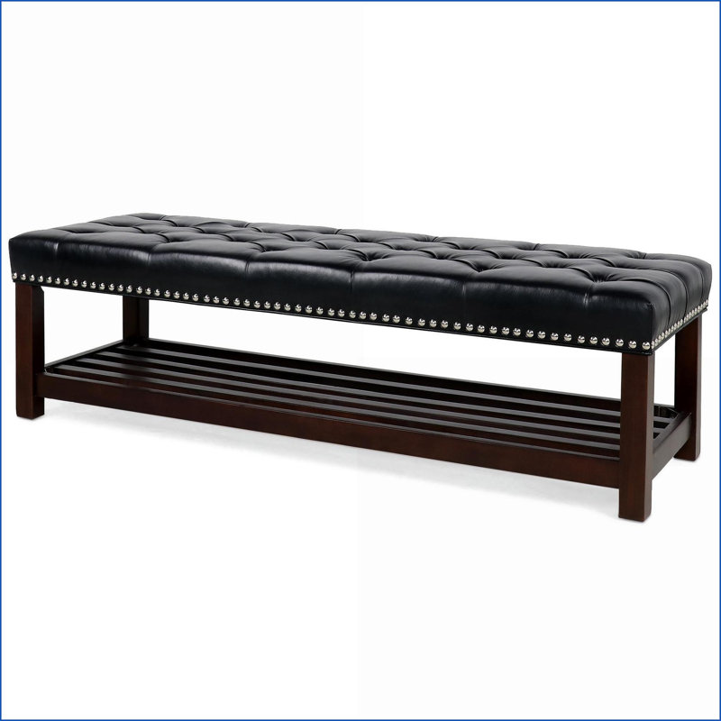 Banc rembourré 60 po avec pieds en bouleau, siège en polyuréthane moderne pour entrée de chambre à coucher | Noyer brun, Noir