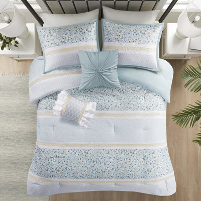 Édredon très grand / très grand lit à motif de seersucker - Literie bleue chic à motif floral avec coussins décoratifs 5 pièces