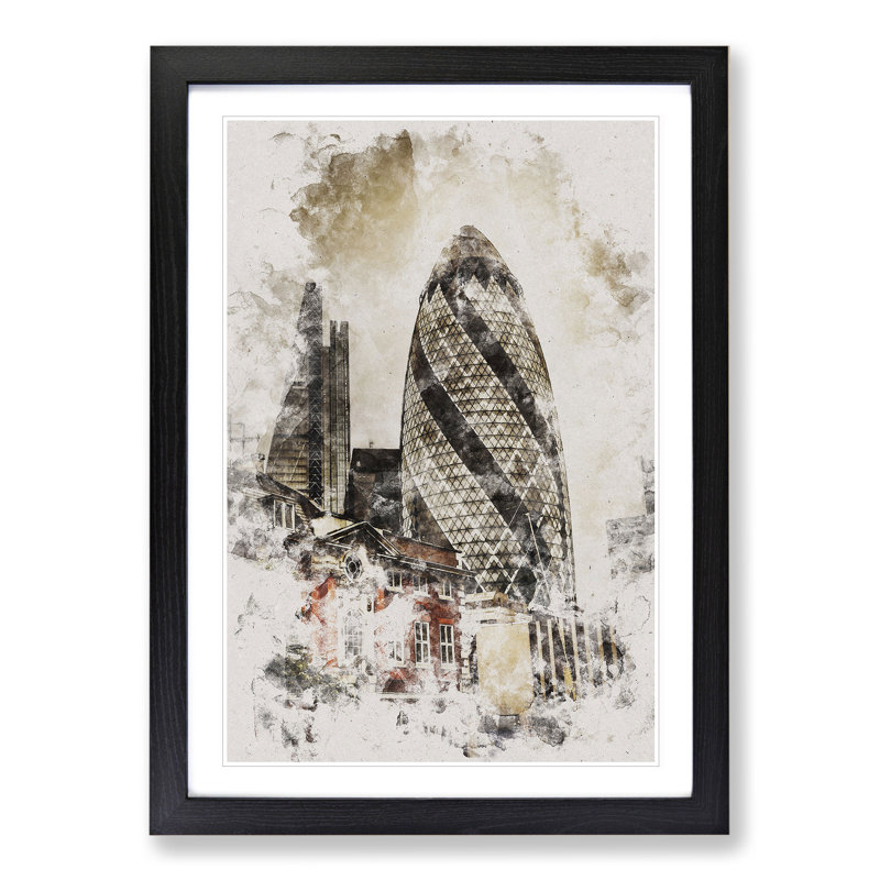 The Gherkin in London Watercolour - Framed Print, 65cm H x 48cm W x 2cm D, Black Framed