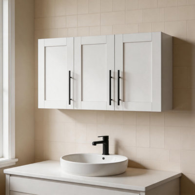 White Wall Mounted Storage Cabinet with Doors, Stackable Floating Wall Cabinet