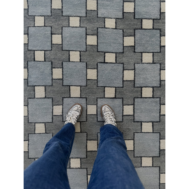 Hand Knotted Wool Checkered Area Rug, Rectangle 10' x 14'