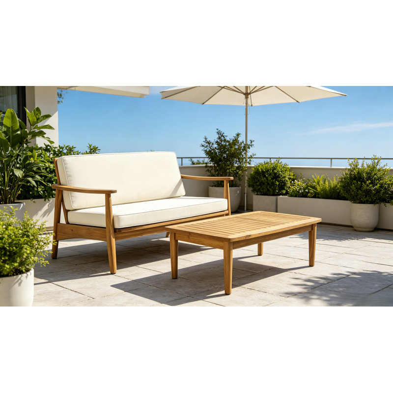 Ensemble de conversation pour causeuse et table basse d'extérieur en bois d'acacia, White, Wood