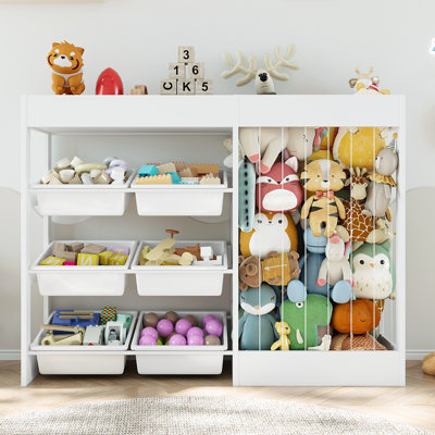 50.6"W Toy Storage with 6 Plastic Bins, 3-in-1 Large Toy Organizer, Stuffed Animal Storage, Wooden Toddler Cabinet for Kids Room, Playroom, Nursery(White)