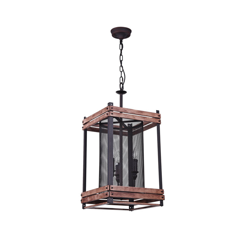 Lustre en fer noir 3 lumières avec cadre en bois