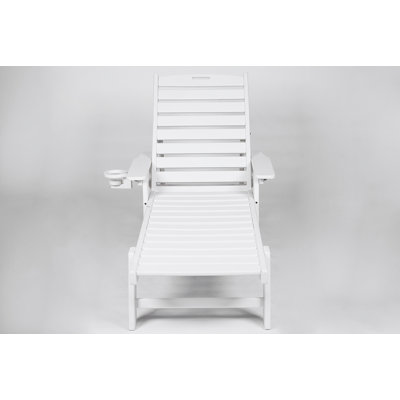 Outdoor Lounge Chair With Wood Texture, Oversized Chaise Lounge With Adjustable Backrest, Wheels, And Cup Holder For Poolside And Patio Relaxation