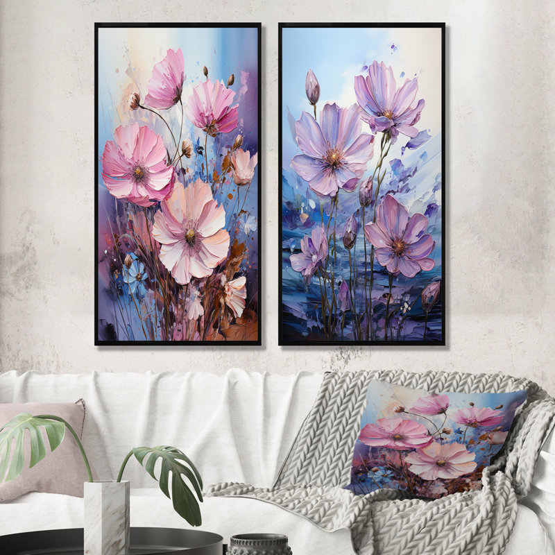 «Pink Morning Glory», art liquide, champ de fleurs - fleurs sauvages, ensemble de 2 impressions sur toile, Cadre noir