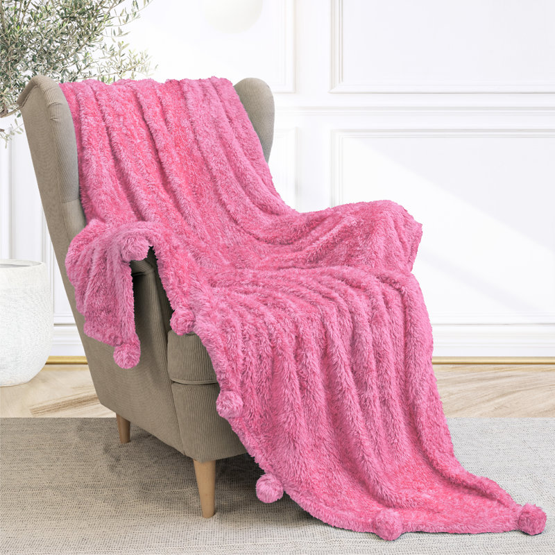 Hot Pink Twin Sherpa Fleece Blanket with Pom Poms
