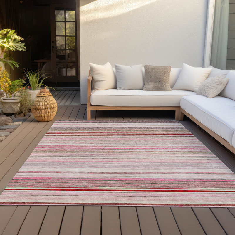 Pink and Beige Striped Synthetic Indoor/Outdoor Rug